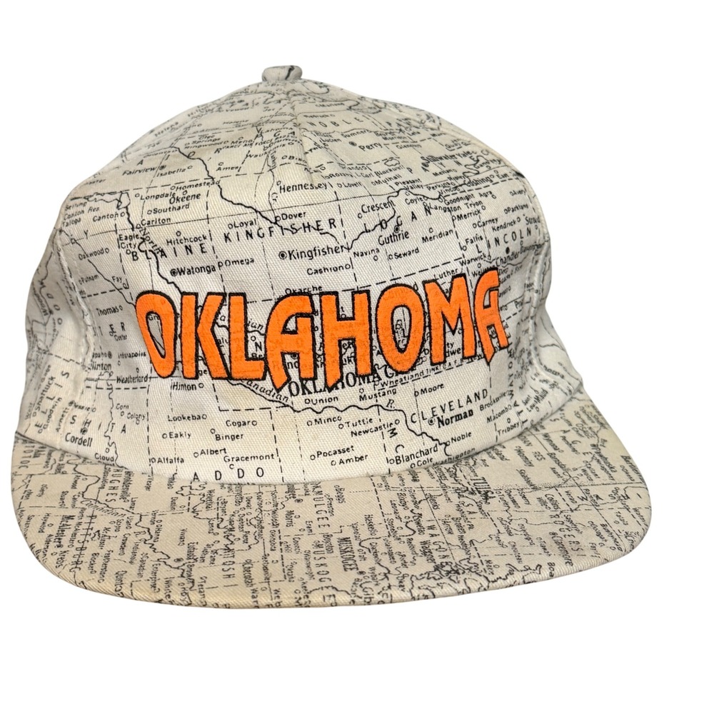 Vintage‎ Oklahoma Map Snapback Hat Made in USA All Over Print White Orange Cap